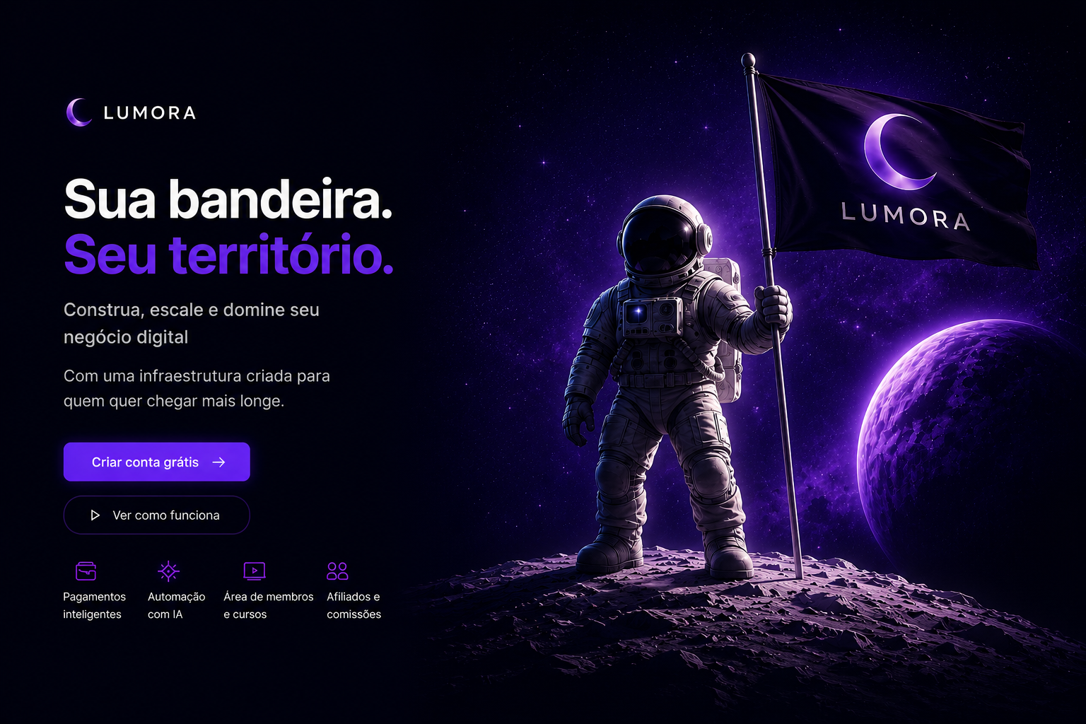 Astronauta plantando a bandeira Lumora na lua