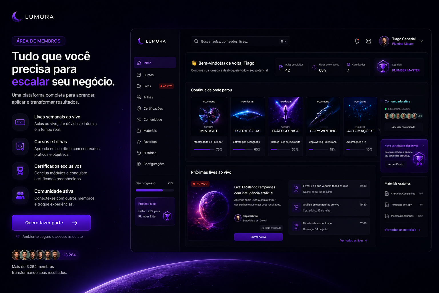 Área de Membros Lumora — dashboard com cursos, lives, trilhas e comunidade